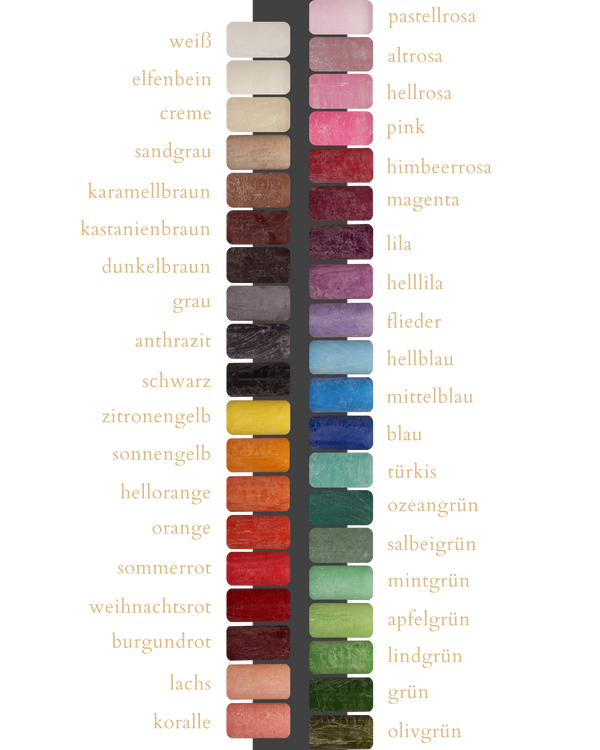 Farbpalette mit 39 verschiedenen Farben handgegossener Kerzen.