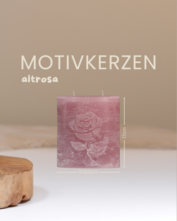 Zweidochtkerze mit Rose-Motiv in altrosa mit Angaben zu Höhe und Durchmesser.